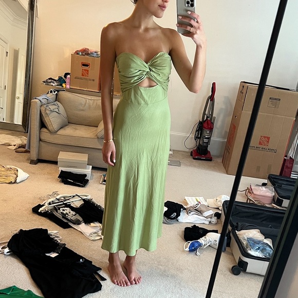 Petal & Pup Dresses & Skirts - Petal & Pup Strapless Twist Front Cutout Midi Dress in Sage